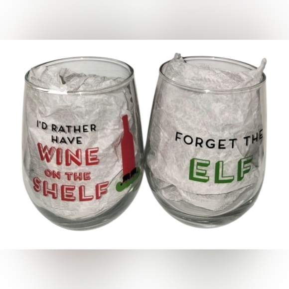 2 Piece Stemless Wine Glass Set(Forget the Elf/I'd Rather Have Wine on the Shelf - Picture 1 of 1